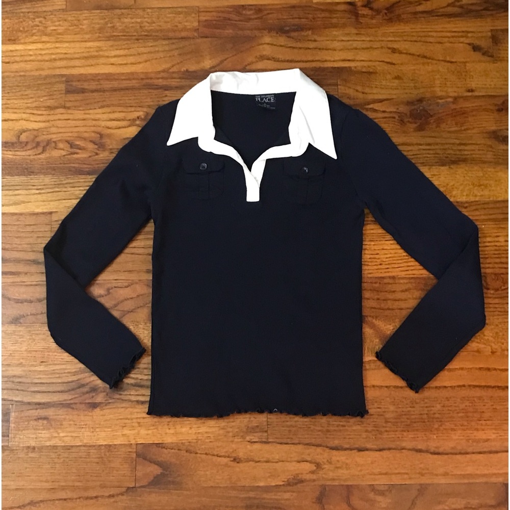 Cute Girls Children’s Place Navy Blue Sweater w/ White Trim Collar Shirt NWOT
